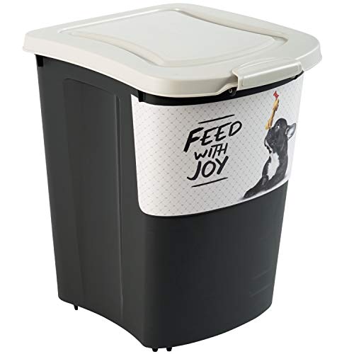 Rotho Archie, Gran contenedor de comida para mascotas 38l con tapa, rodillos y pala, Plástico PP sin BPA, negro, motivo, 38l 41.0 x 37.0 x 50.0 cm