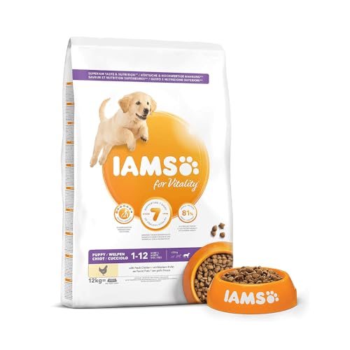 IAMS for Vitality Alimento seco para cachorros (1-12 meses) de raza grande con pollo fresco, 12 kg