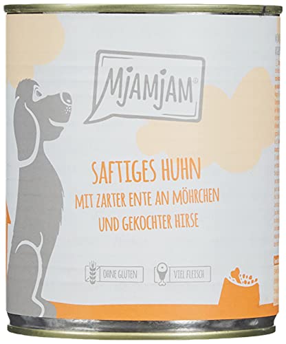 MjAMjAM - comida húmeda premium para perros - Pollo jugoso con pato tierno sobre zanahorias y mijo hervido, pack de 6 (6 x 800 g), natural con extra de carne
