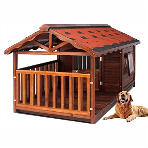 QXWJ Casa de perros de madera, casa de perros extra grande con puerta for uso en interiores y exteriores, al aire libre con percha, perchas, perchas de peatones, perrera, con área de cerca y placa inf