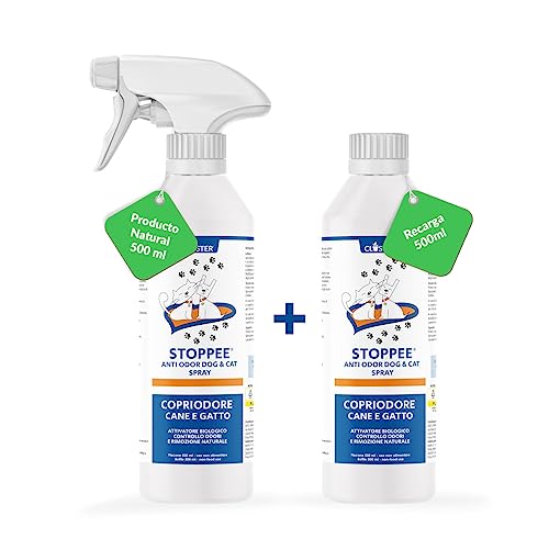 STOPPEE Spray higiénico Elimina los olores y disuelve la orina y las heces de perros y gatos, para sofás, asientos de coche Antiolor Enzimático aroma manzana verde 500 ML + Recambio 500 ML