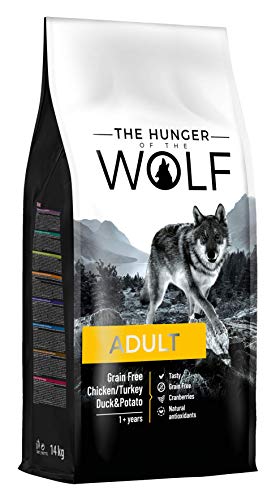 The Hunger of the Wolf Alimento seco para perros adultos de todas las razas, fórmula delicada sin cereales con pollo, pavo, pato y patatas- 14 kg
