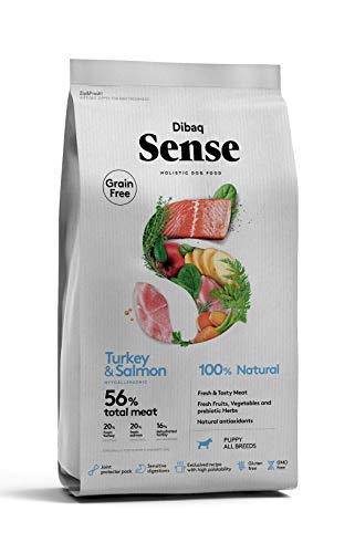 Dibaq Sense Grain Free: pienso de Pavo y salmón para Perros, Especial para Cachorros. 100% Natural y sin Cereales. 12 Kg.