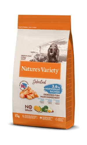 Nature's Variety Selected, Pienso para Perros Adultos Medianos y grandes, Sin cereales, con Salmón noruego sin espinas, 12kg