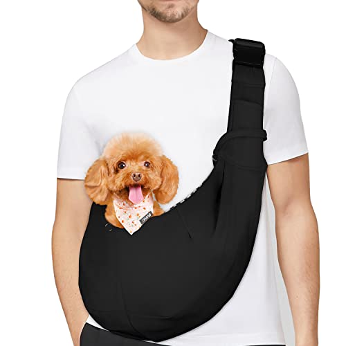 PetLoft Bolso Bandolera Transportín, Reversible Bolso Porta Mascotas Sling, Ajustable Bolsa de Hombro Cruzada para Perro con Gancho de Collar para Perros/Gatos/Conejos de hasta 11 Libras - Negro
