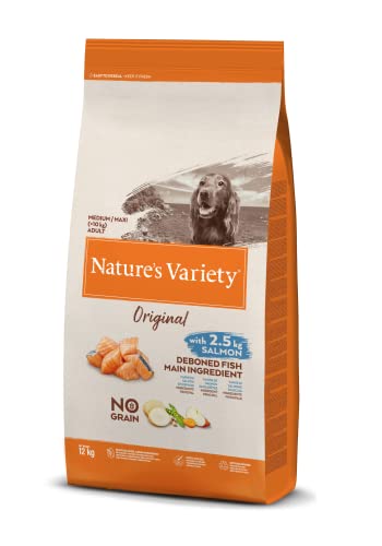 Nature's Variety Original No Grain, Pienso para Perros Adultos Medianos y grandes, Sin cereales, con Salmón sin espinas, 12kg