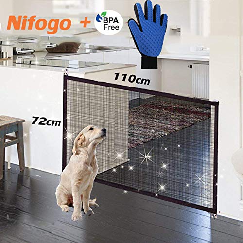 Nifogo Magic Gate Dog, Barrera de Seguridad para Perro, Plegable Portátil Puerta de Seguridad Aislada para Perros y Mascotas,Security Negro(110 x72cm)