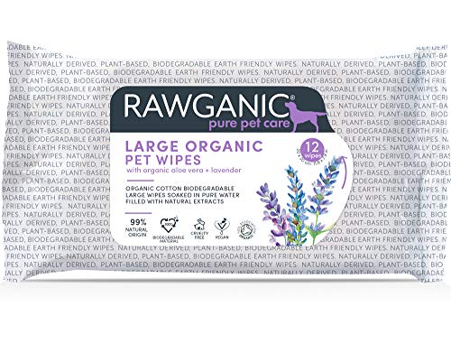 Rawganic Large Organic Pet Wipes, Toallitas Suaves y Calmantes Naturales Toallitas biodegradables algodón para Perros y Caballos Grandes | con Aloe Vera y Lavanda (Paquete de 12 toallitas)