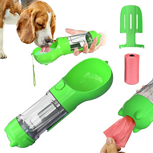 Botella de Agua para Perros 300ML Botella Portátil de Agua Potable para Mascotas al Aire Libre Llevar Dispensador de Bolsas de Basura,Pala de estiércol de Perro Integrado Bebedero para Perro y Gatos
